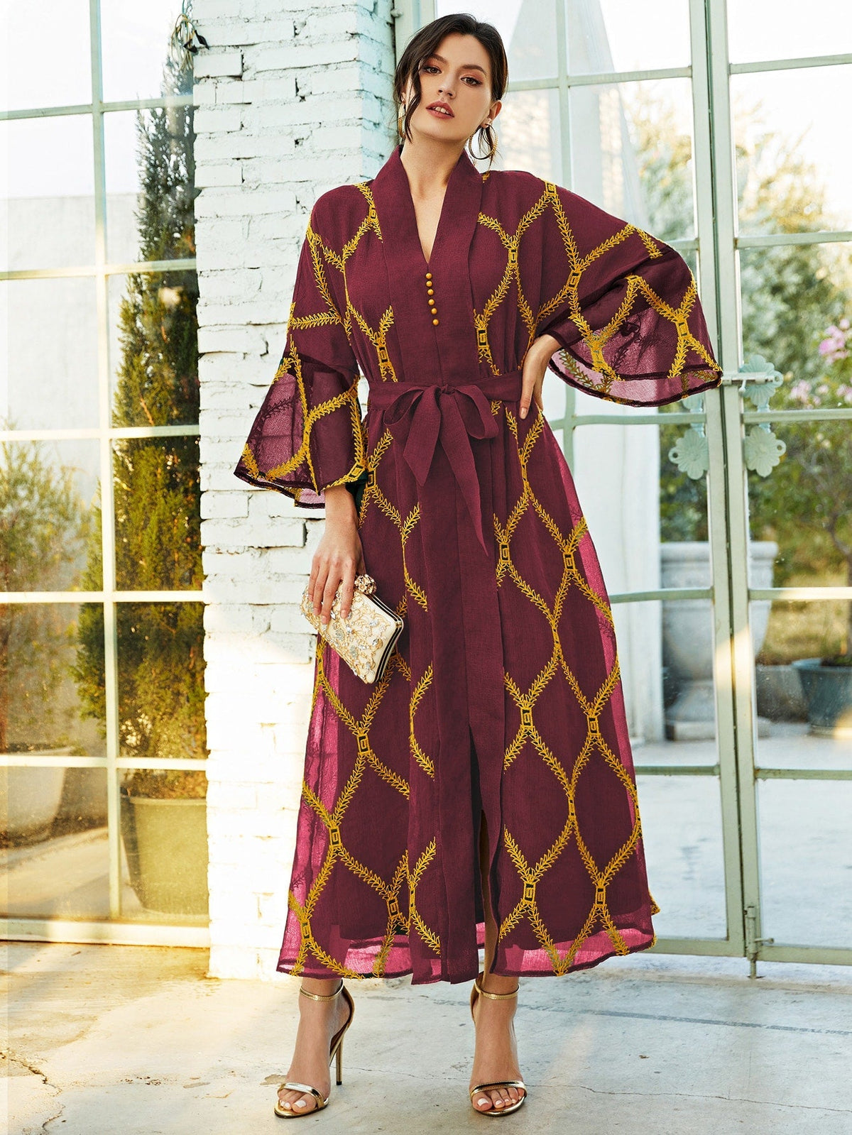 Najma Appliques Self Tie Flounce Sleeve Dress Maroon