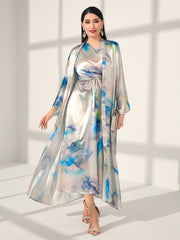 Najma Tie Dye Belted Abaya & Dress Set Multicolor