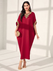 Najma Simple And Elegant Loose Fit Batwing Sleeve Dress With Water-Soluble Lace Patchwork Red