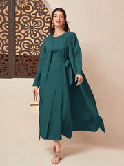 Najma Solid Knot Side Wrap Hem Abaya Set Dark Green