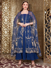 Najma Embroidered Split Sleeve Jacket And Cami Dress 2pcs Set Royal Blue