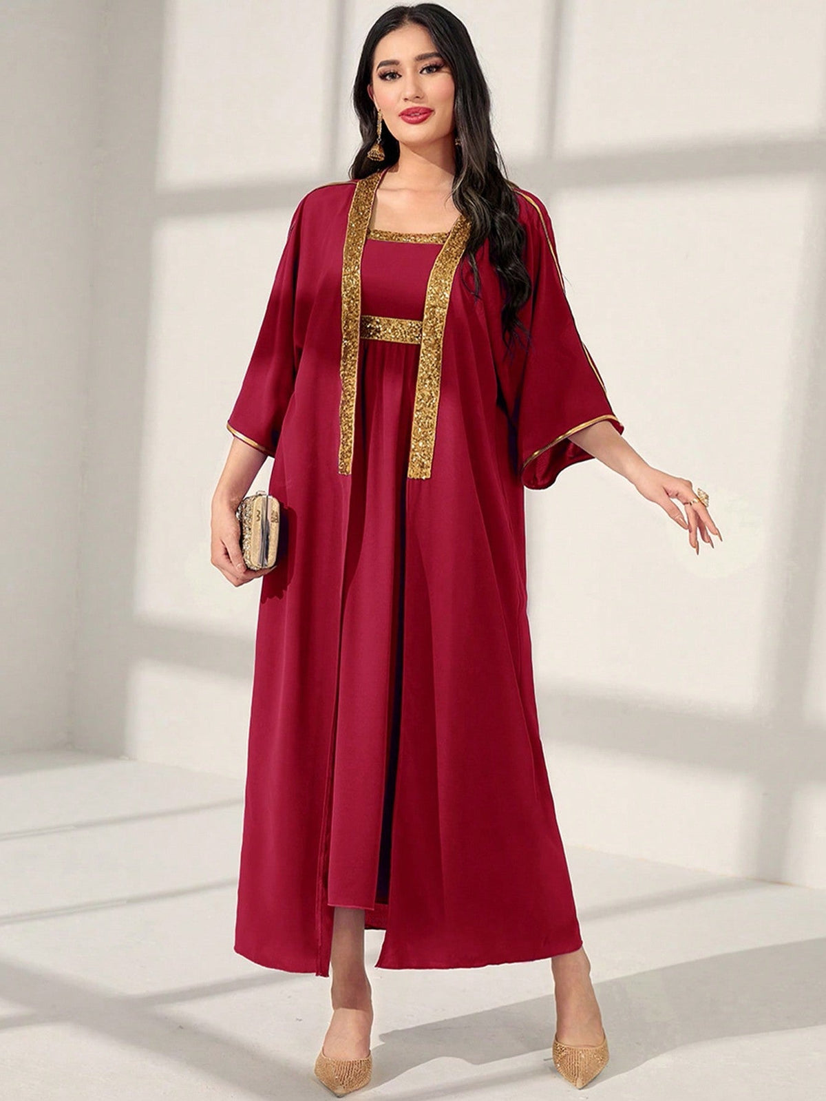 Najma Contrast Tape Open Front Abaya & Dress Set Red