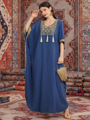 Najma Water-Soluble Lace Patchwork Tassel Decor Batwing Sleeve Kaftan Dress Blue