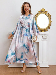 Najma Tie Dye Belted Abaya & Dress Set Pink