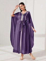 Mulvari Contrast Trim Rhinestone Detail Belted Kaftan Dress Purple