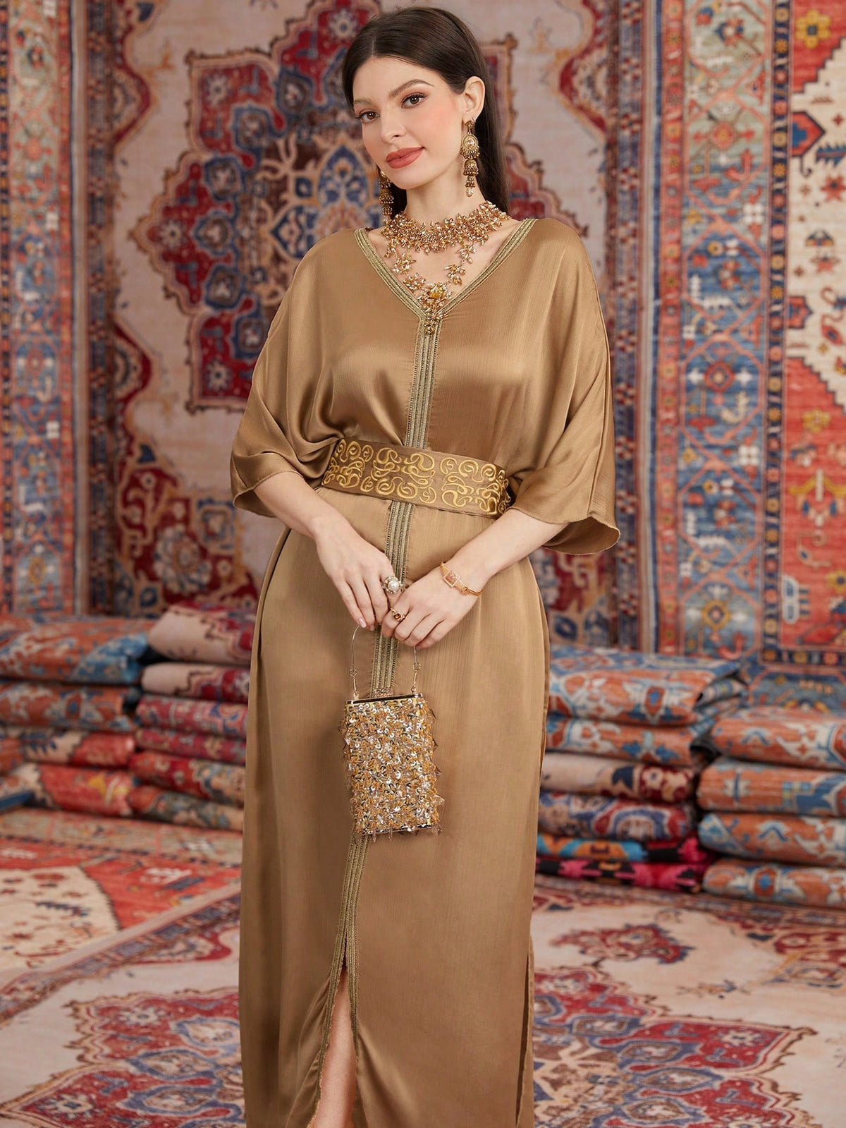 Najma Batwing Sleeve Dress With Weave Design Champagne