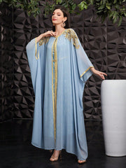 Najma Women's Elegant Turkish Long Shirt With Golden Embroidery Baby Blue