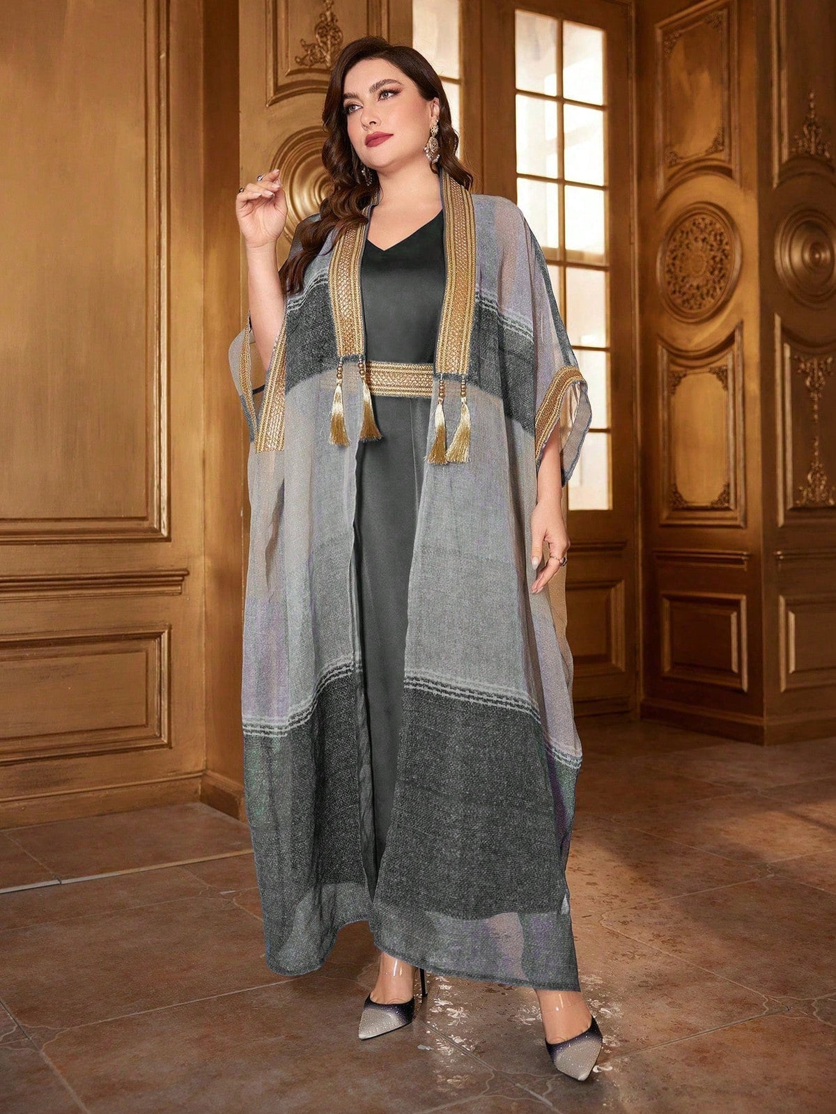 Najma Plus Size Woven Striped Splicing Color Collision Jacket & Sleeveless Dress Set Dark Grey