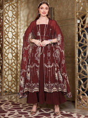 Najma Embroidered Split Sleeve Jacket And Cami Dress 2pcs Set Burgundy