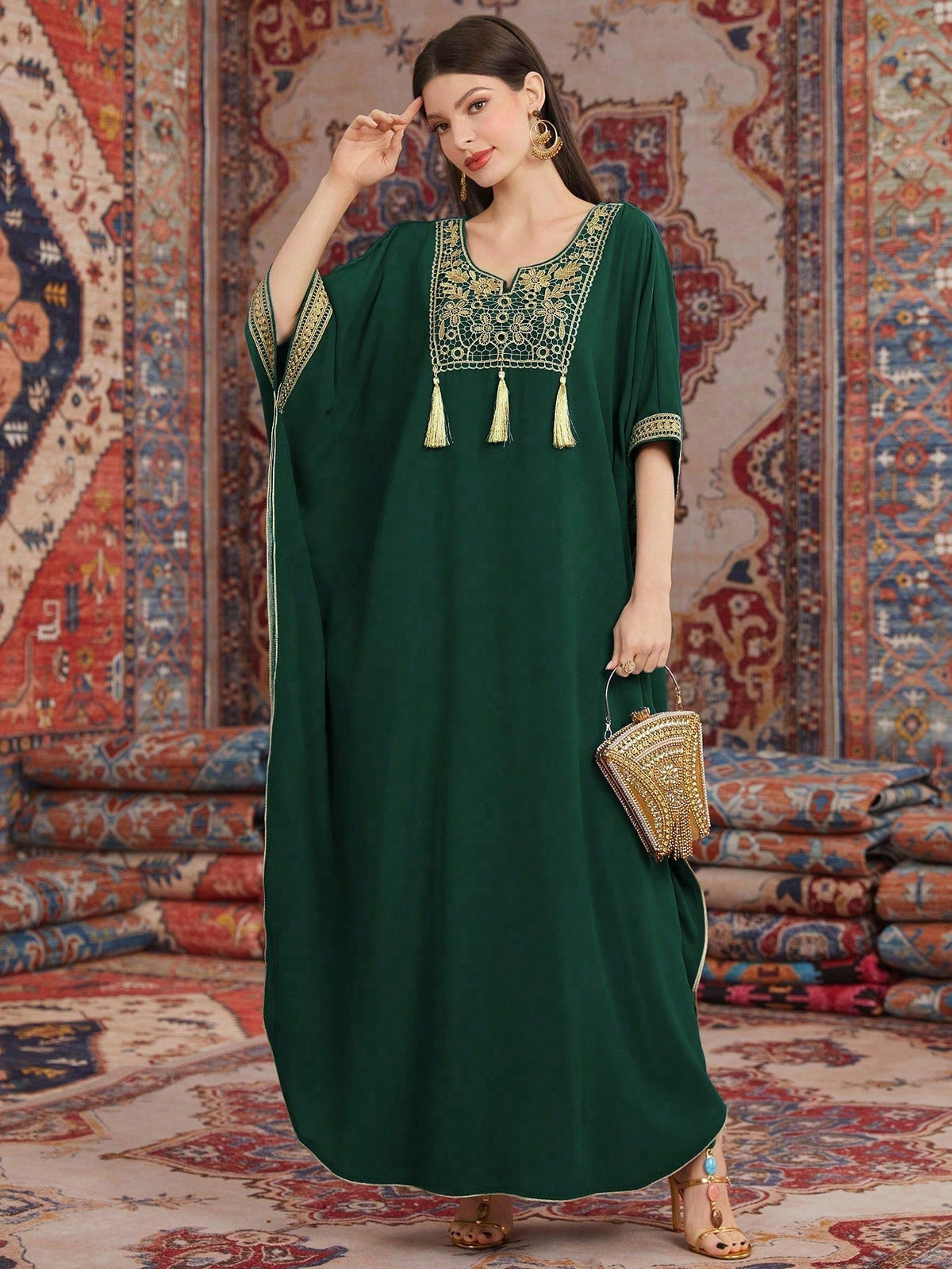 Najma Water-Soluble Lace Patchwork Tassel Decor Batwing Sleeve Kaftan Dress Dark Green