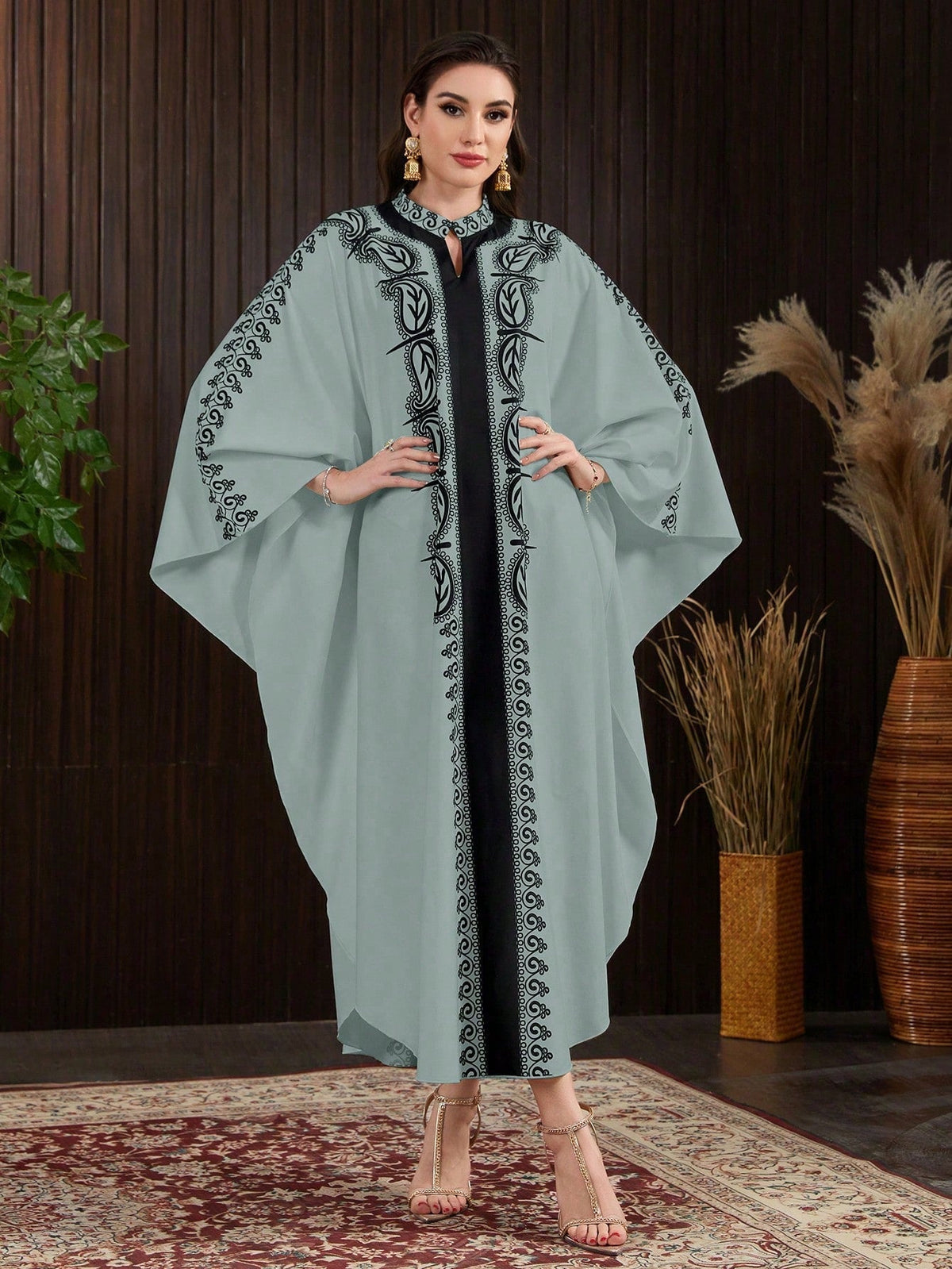 Najma Paisley Printed Notched Collar Batwing Sleeve Jalabiya Mint Green