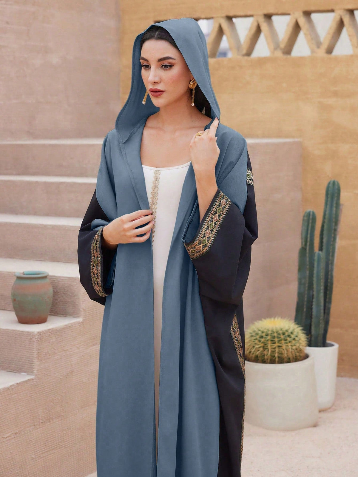 Najma Women Embroidered Decorative Hooded Elegant Arabian Abaya Blue