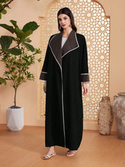 Najma Women Simple Contrast Trim Waterfall Collar Long Abaya Black