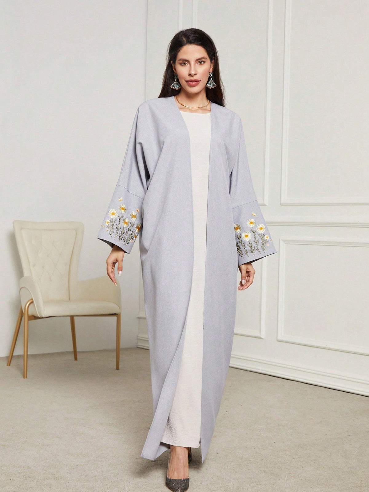 1pc Women Elegant Plant & Floral Embroidered Open Front Abaya Dress For  & Muslim Wear Light Blue