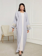 1pc Women Elegant Plant & Floral Embroidered Open Front Abaya Dress For  & Muslim Wear Light Blue